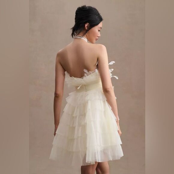 Mac Duggal 20259 MAC DUGGAL  Beige Feathered Strapless Tulle Fit and Flare Dress - Picture 4 of 16